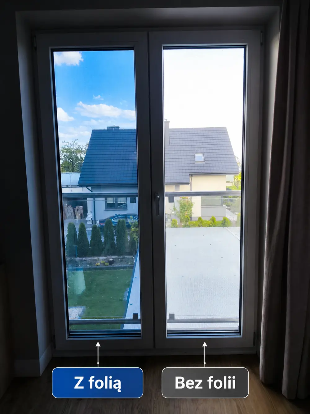 Porównanie okna w domu prywatnym w Zelkowie z folią przeciwsłoneczną i bez folii