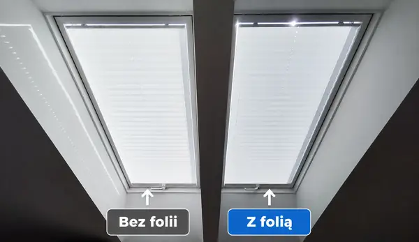 Porównanie okien dachowych w domu w Zelkowie przed i po montażu folii przeciwsłonecznej