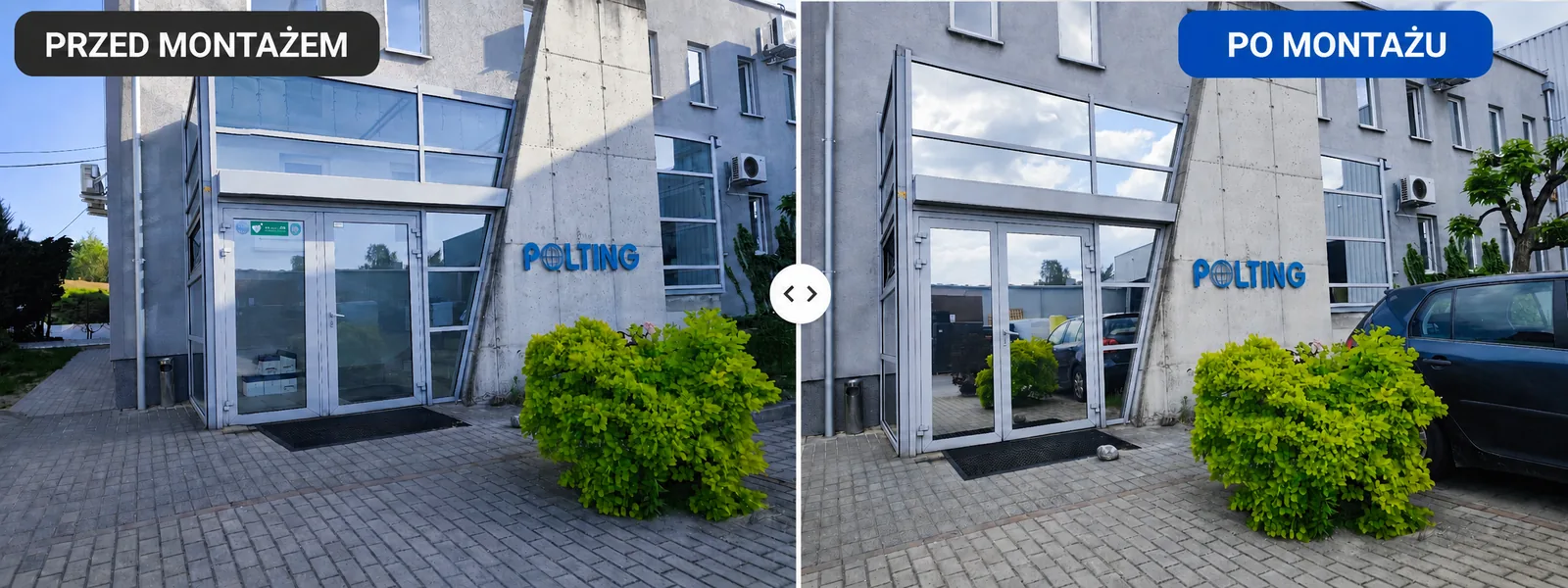 Porównanie wejścia do Polting Foam w Gliwicach przed i po montażu folii przeciwsłonecznych