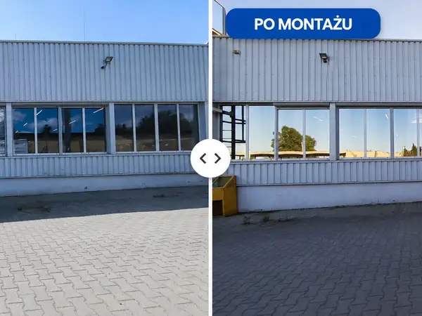 Porównanie okien hali produkcyjnej Polting Foam w Gliwicach przed i po montażu folii przeciwsłonecznych