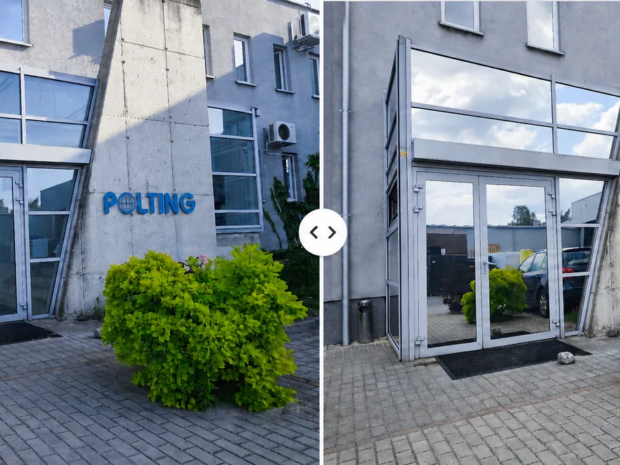 Porównanie wejścia do Polting Foam w Gliwicach przed i po montażu folii przeciwsłonecznych