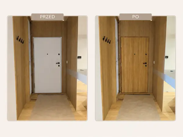 Porównanie drzwi wejściowych w Krakowie przed i po oklejeniu laminatem architektonicznym