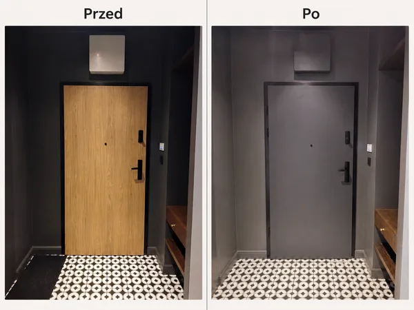 Drzwi z dekorem drewna przed i po zmianie na szare wykończenie