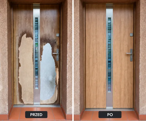 Uszkodzona powierzchnia drzwi wejściowych i efekt renowacji w dekorze drewna