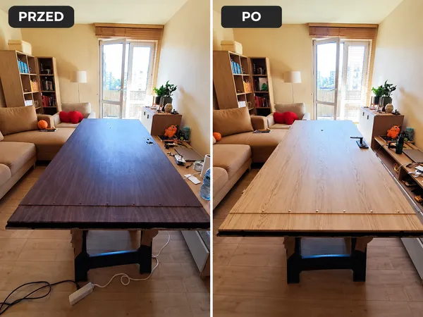 Stół w salonie przed i po zmianie ciemnego blatu na jasny dekor drewna