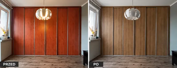 Szafa przesuwna w Katowicach przed i po oklejeniu folią architektoniczną z dekorem drewna