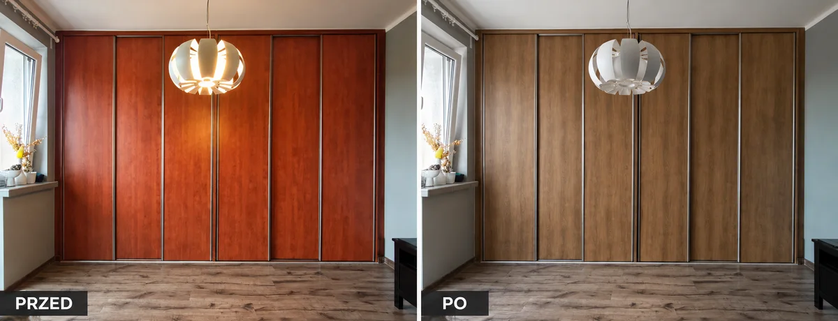 Szafa przesuwna w Katowicach przed i po oklejeniu folią architektoniczną z dekorem drewna