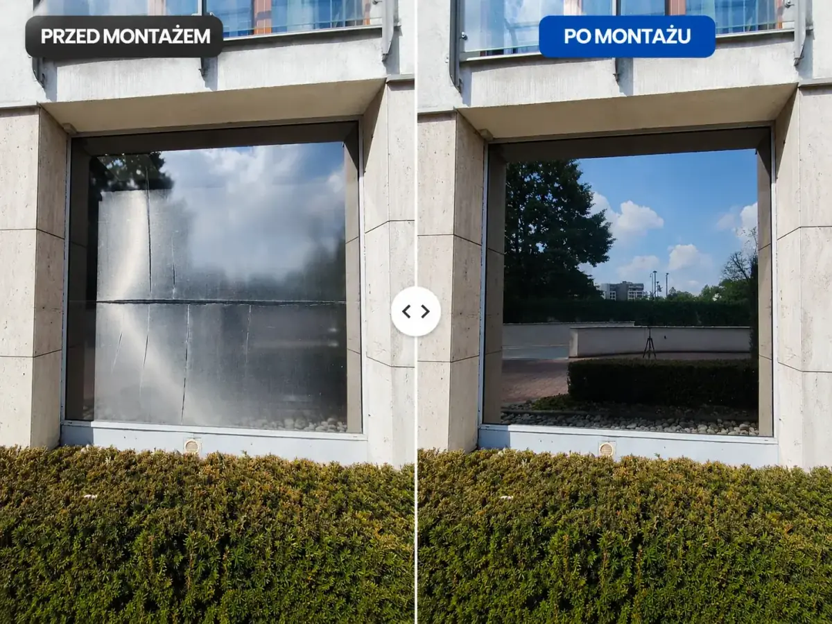 Porównanie szyby przed i po wymianie folii przeciwsłonecznej w gabinecie dentystycznym w Krakowie